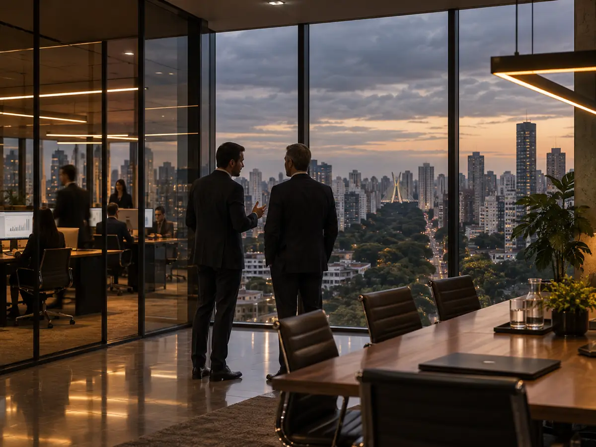 Dois executivos de terno conversando junto ao janelao de um escritorio em altura ao entardecer, com o skyline da cidade ao fundo